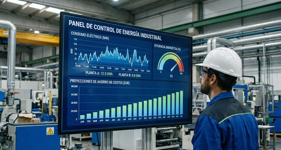 Panel de control moderno mostrando gráficos de análisis energético en tiempo real para plantas de producción industrial, con datos de consumo eléctrico, métricas de eficiencia y proyecciones de ahorro de costes en una interfaz profesional