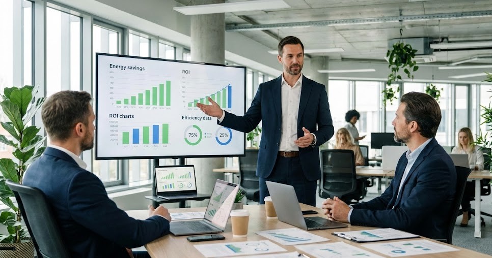Consultor profesional en reunión con empresario explicando informes de auditoría energética con gráficos y datos de eficiencia, ambiente de oficina moderna con documentos y laptop, gesto de confianza y profesionalidad