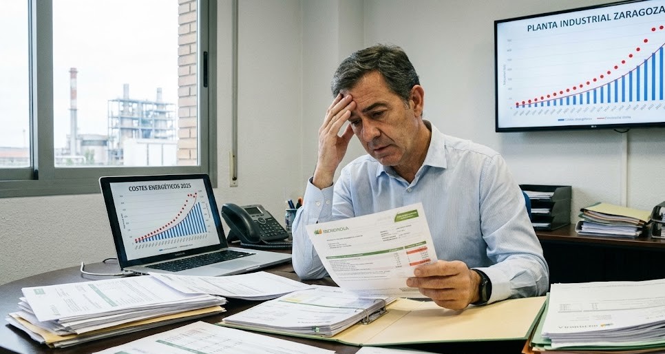 Empresario analizando facturas de electricidad elevadas y gráficos de costes energéticos en su oficina, con expresión concentrada mirando informes financieros de una planta de producción industrial en España